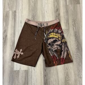 Affliction Mens Size 36 Native Indian Skeleton Skull Board Shorts Gothic Cross